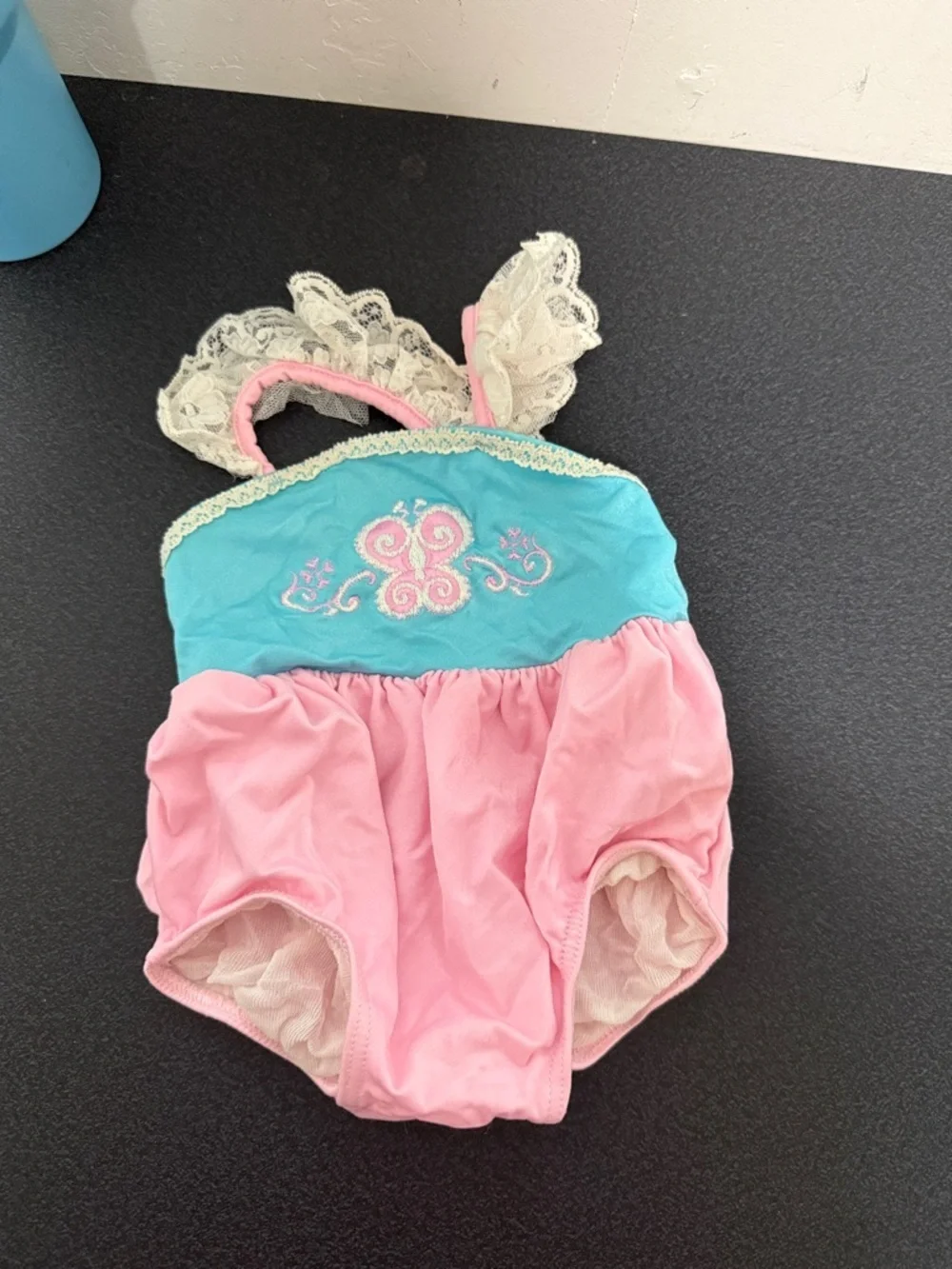 Pink & Aqua Girl's One-Piece Swimsuit with Lace Straps 80’s 90’s